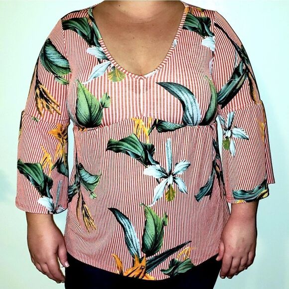 Entro | Floral Striped Empire Waist Blouse - Picture 1 of 4